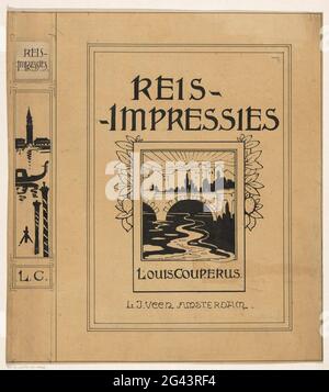 Design du groupe pour : Louis Couperus, impressions de voyage, 1894. Vue sur un village avec un pont au-dessus d'une rivière en premier plan. Le spectacle a été affiché dans une liste. Autour de la liste poussent des feuilles et des citrons. Sur la couverture, un visage sur Venise avec le clocher et une gondole sur l'eau. Banque D'Images