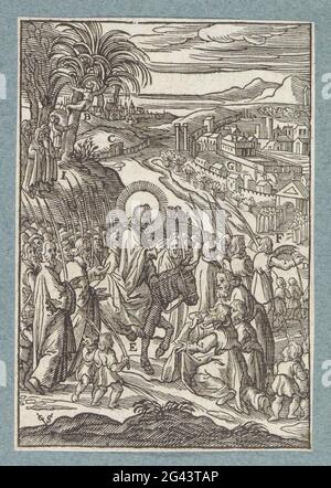 Entrée à Jérusalem. Christ conduit un âne vers la porte de la ville de Jérusalem. Les gens répandaient leurs mantels sur la route et brandirent des brindilles de palmiers. Avec divers éléments de l'émission sont des lettres. L'impression fait partie d'un album. Banque D'Images
