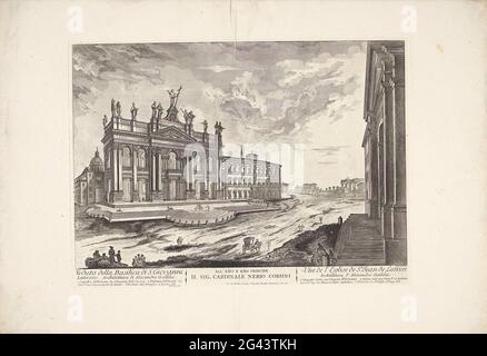 Sint-Jan de Lateran People à Rome; Veduta della Piazza di S. Giovanni Laterano / vue de l'Eglise de Saint-Jean de Latran. Vue sur la basilique Saint-Jean du peuple Latran de Rome. Titres et listes explicatives avec des numéros en français et en italien et une affectation au maître d'exercice. Banque D'Images