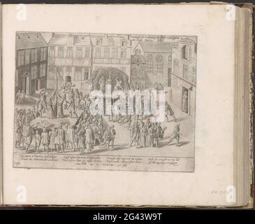 Les moines de Bruges sur le pieu, 1578; exécution uber sodomitig gottlosigkeit in der statt Bridge; série 8: Événements hollandais, 1577-1583. Fléaux et exécution des moines franciscains à Bruges sur accusation de sodomie, 26 juillet 1578. Sur la gauche le pittoresque, sur la droite les moines sur le pieu. Avec légende de 8 règles en allemand. À gauche ci-dessous numéroté: 150. L'impression fait partie d'un album. Banque D'Images