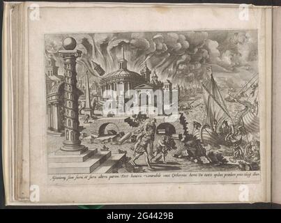 Aeneas sauve son père de la Troy brûlante; les métamorphies d'Ovid. Aeneas échappe à la Troy en feu avec son vieux père Anchises sur son dos. Outre lui, son fils est Ascanius qui porte le casque et l'épée de son père. Sous la montre un texte explicatif en latin. Cette impression fait partie d'un album. Banque D'Images