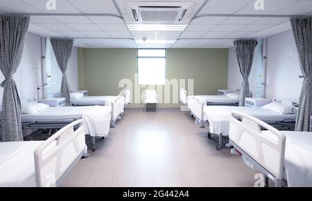 Vue générale d'une chambre d'hôpital vide avec deux lignes de lits Banque D'Images