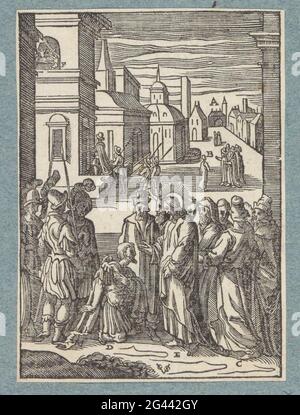 Chef de Kafarnaüm supplie le Christ pour de l'aide. A Kafarnaüm, un centurio romain à genoux, entouré de ses soldats, devant le Christ. Il lui demande de guérir son serviteur. Au-dessus de l'homme est guéri dans sa maison. Avec divers éléments de l'émission sont des lettres. L'impression fait partie d'un album. Banque D'Images