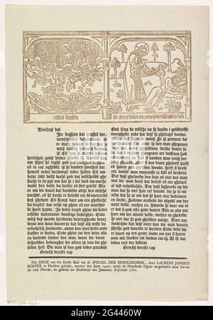 Chute de Lucifer (Satan) et création d'Eva. A quitté la chute de Lucifer (Satan) et à droite la création d'EVA d'une CÔTE d'Adam. Deux lignes de texte latin dans un cadre. Au-dessous de deux colonnes avec texte en néerlandais. Banque D'Images