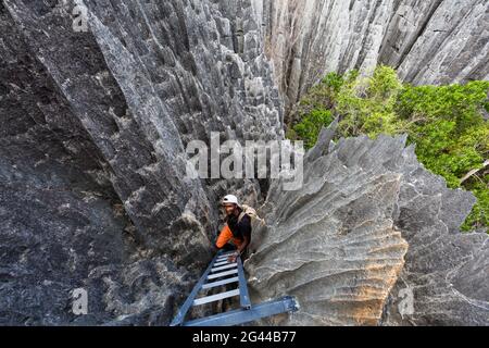 Madagasse dans le paysage karstique de Tsingy de Bemaraha, Parc national de Tsingy-de-Bemaraha, Mahajanga, Madagascar, Afrique Banque D'Images