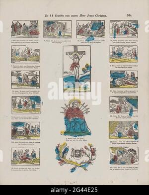Les 14 déclarations de notre Seigneur Jésus-Christ. Feuille avec 17 représentations de la passion du Christ, la réduction de la croix, la tombe et la sueur de Veronica avec la statue du Christ. En néerlandais. Sous chaque performance une légende. Numéroté en haut à droite : 56. Banque D'Images