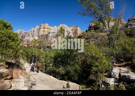 Randonneurs dans le parc national d'Isalo près de Ranohira, région d'Ihorombe, sud de Madagascar, Afrique Banque D'Images