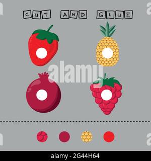 Développer une activité pour les enfants, la tâche est de couper et de coller une pièce sur les fruits framboises fraîches, fraises, grenade et ananas. L Illustration de Vecteur