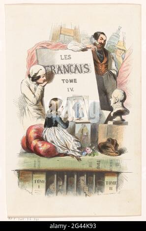 Personnes en recherche d'art; page de titre pour: Les Français Peints par EUX-Mêmes, 1841. Un homme avec un cigare penche contre un chiffon qui se tient contre un chevalet. Au premier plan, une fille sur un oreiller qui regarde les imprimés de certaines femmes, lie une personne dans la nuit dame. Droit un buste, probablement ce Louis Philippe I de France présente. La scène repose sur quelques livres, entre lesquels sont piégés derrière des barres. Banque D'Images