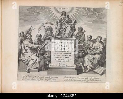 Foi, espérance et amour et les quatre évangélistes; Historiae Sacrae Novi Testamenti Elegantissimis Iconibus Expressae A Variis Huius AC Superioris Seculi Pictigrubus Atque Sculptoribus; Theatrum Biblicum hoc est Historiae Sacrae Expresis et Novi Testamenti Tabulis Aeneis Vetereneis. Titre imprimé pour le Nouveau Testament dans 'Theatrum Biblicum' avec le titre sur un monument. Autour du monument, les personnifications des trois vertus Divines : l'amour central (Caritas) flanqué d'espoir avec ancre et foi avec croix. À gauche et à droite les quatre évangélistes avec leurs attributs. De gauche à droite : cache Banque D'Images