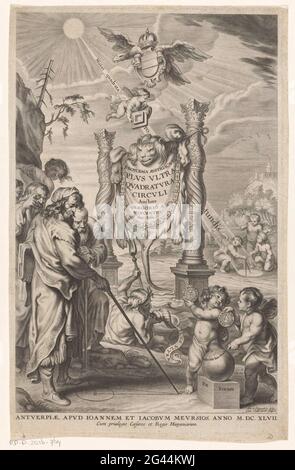 Mathématicien et putti; page de titre pour: Gregory à Sancto Vincentio, Problema Austriacum plus Ultra Quadratura Circuli, 1647. Une peau de lion est tendue avec le titre du livre entre deux colonnes. Un homme signe un cercle et un triangle dans le sable avec un bâton. Deux hommes regardent derrière lui. Droit deux putti qui montrent des médailles, derrière trois putti qui dessine un cercle avec un passant. Banque D'Images