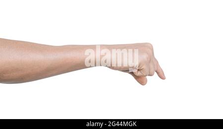 Homme main pour tenir quelque chose, isolé sur fond blanc avec le chemin d'écrêtage. Banque D'Images