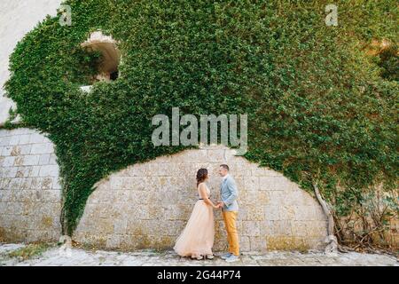 De beaux newlyweds tiennent les mains contre le fond d'une pierre le mur est envelé d'un magnifique ivy vert Banque D'Images