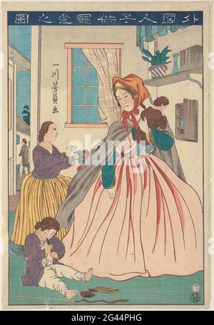 L'amour d'une femme étrangère pour ses enfants; Gaikokujin Kodomo Chôai No zu. Une femme occidentale avec un bébé sur son bras et un petit enfant à ses pieds. (Yokohama-e). Banque D'Images