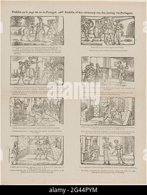 Fridolin ou le page du Roi le Portugal / Fridolin ou le Nokelnep van den Roi de Portugael. Leaf avec 12 représentations de l'histoire de Fridolin, accusé par Robert Vals. Le roi du Portugal recommande à de première personne de se jeter dans le four, et lui envoie Fridolin. Mais cela s'échappe parce qu'il se trompe d'abord. Robert subit le lot de Fridolins. Sous chaque image une légende en néerlandais et en français. Numéroté au milieu ci-dessus: N 67. Banque D'Images