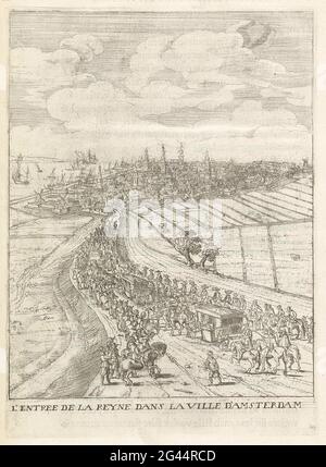 Arrivée de Maria de Medici à Amsterdam; l'entrée de la Reyne dans la ville d'Amsterdam; Histoire de l'entrée de la Reyne Mere du Roy Tres-Chrestien, danse les provinces Unies des pays-Bas .. Maria de Medici et ses conséquences pour les murs d'Amsterdam. Sur la gauche, l'IJ. L'imprimé fait partie d'un livre sur la visite de Maria de Medici aux pays-Bas. Banque D'Images