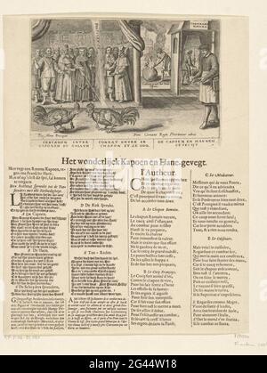 Allégorie sur la bataille entre la France et le Pape, 1624; Ceramen Inter Caponem et Gallum / Conbat entre le Chapon et le Coq / de Capoen et Haenen lutte. Allégorie sur la bataille entre la France et le Pape, 1624. Combat humain entre deux coqs ornés de la couronne papale et de la couronne du roi français, en arrière-plan des spectateurs royaux. Droite une cuisinière grinds (Espagne?) À la cuisine son couteau. À l'extérieur, la discorde illumine un globe, avec le château ange en arrière-plan. Différents textes en néerlandais et en français sont imprimés sur la lame sous la plaque. Banque D'Images