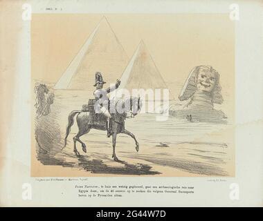 Caricature sur le prince Napoléon, 1863. Caricature sur le prince Napoléon (fils de l'empereur Napoléon III), à cheval sur les pyramides égyptiennes et le Sphinx. Plaque parue chez de Nederlandsche Spectator Weekblad, no 3, le 17 janvier 1863. Banque D'Images