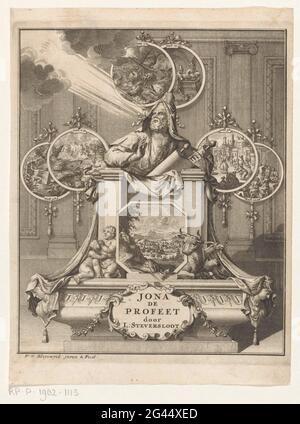 Prophète Jona; page de titre pour: Laurens Steversloot, Jonas de Prophète, 1730. Le prophète Jona avec un défilement à la main regarde à la lumière des rayons du ciel qui le brillent. Environ six médaillons avec des scènes de la vie du Prophète. Au-dessous d'un paysage urbain flanqué d'enfants et de bétail. Banque D'Images