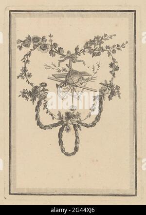 Géométrie; Livre de trophées des Arts et Scienses, danse un nouveau goutte. Un trophée avec des fleurs et des attributs appartenant à la géométrie comme un globe et des instruments de mesure. Banque D'Images