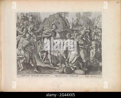 Abigaïl demande pardon à David; Histoire de David et Saül; Histoire de David et Abigaïl; Theatrum Biblicum hoc est Historiae Sacrae Veteris et Novi Testamenti Tabulis Aeneis Expressae. Abiginal genoux vers le bas pour David, il lui offre la nourriture et lui demande pardon pour le comportement de son mari Nabal, qui a refusé la nourriture de David. Ses compagnons de combat sont derrière David. Derrière les serviteurs d'Abigaïl avec les pakezels à la nourriture. Sous la montre une référence en latin au texte de la Bible dans 1 Sam. 25. Cette impression fait partie d'un album. Banque D'Images