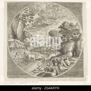 Silver Century; Argenlevm SAECVLVM; les quatre époques. Jupiter Silver Century dans une table ronde. En premier plan entreprises quelques personnes à moitié vêtues les arts en arrière-plan un champ fournit et construire des maisons de personnes dans des grottes. L'imprimé fait référence à l'idée d'inspiration mythologique que pendant le siècle d'argent l'homme a eu à faire avec les saisons. Les gens devaient maintenant modifier la terre, chercher un abri dans les maisons et se protéger contre le froid. Pour la première fois, il y a eu aussi la pratique des sept arts libéraux. L'impression fait partie d'une série sur les quatre époques. Banque D'Images