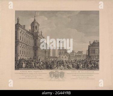 Alliance sur la place du Dam, 1795; Fête de l'Alliance, entre les républiques fransche et Batava, célébrée à Amsterdam, sur la place de la Révolution, le 19 Junij, 1795 / Fête de l'Alliance (...). Fête de la liberté, célébrée avec l'initiation de l'arbre de la liberté sur le barrage d'Amsterdam, le 4 mars 1795. Vue sur le barrage avec une grande foule dansant à l'arbre de la liberté. Dans la légende, les titres en néerlandais et en français et les trois emblèmes allégoriques de la liberté, de l'égalité et de la fraternité qui pendaient sur l'arbre. Banque D'Images