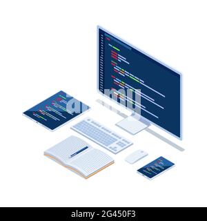 Flat 3d Isométrique code d'ordinateur sur le moniteur smartphone et tablette développer le site Web multi plate-forme. Conception de site Web développement Code programmation Concep Illustration de Vecteur