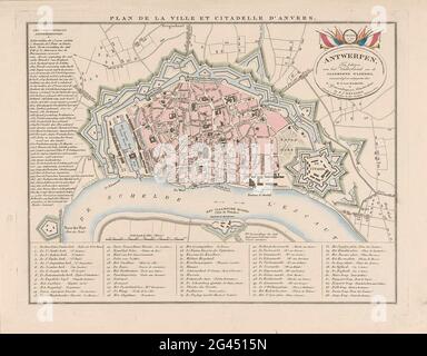 Plan d'Anvers avec la Citadelle, 1831; Plan de la ville et Citadelle d'Anvers. Carte de la ville d'Anvers, avec la citadelle de droite, 1831. Liens une liste des événements les plus importants de la ville, au bas de la Legenda 1-65. En haut à droite, une cartouche avec l'inscription "pour le bénéfice de la patrie et du renforcement général ...", et "Chassé. 27 1830 octobre. Banque D'Images