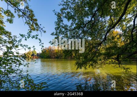 Vue sur le grand Eutiner Voir avec le théâtre en plein air en arrière-plan, Parc naturel Holstein Suisse, Ostholstein, Schleswig-Holstein, Allemagne Banque D'Images