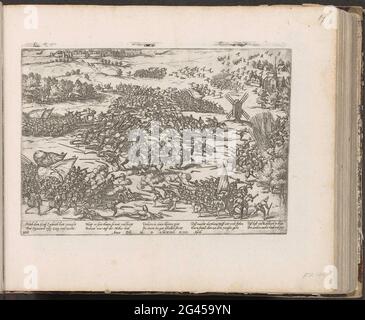 Battle on the Mookerheide, 1574; série 6: Événements hollandais, 1571-1576. Bataille sur le Mookerheide, 14 avril 1574. Bataille entre l'armée des insurgés sous le commandement de Louis et Hendrik van Nassau et l'armée espagnole parmi les Veldheren d'Avila, Mendoza et Mondragon. En haut à gauche Nijmegen, à droite Mook. Avec légende de 10 lignes en allemand. À gauche ci-dessous numéroté: 100. L'impression fait partie d'un album. Banque D'Images