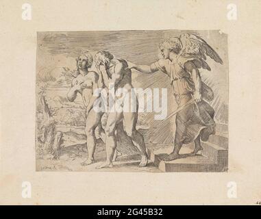 Expulsion du paradis. Un ange envoie Adam et Eva loin du paradis. Banque D'Images