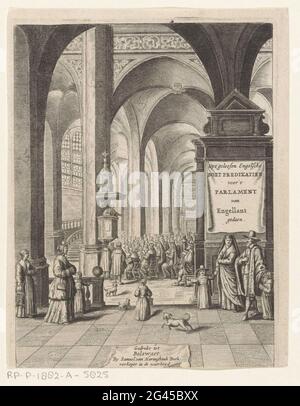 Le groupe écoute le prédicateur dans l'église; Uytgelesen Engelsche Boet Prekatien pour le Parlament van Engellantaen; page de titre pour : S.N., Uytgelesene Engelsche Boet-Preikatien, 1661. Un groupe d'hommes et de femmes écoute un ministre à l'intérieur d'une église. Certaines figures sont au premier plan, y compris la gauche une femme avec un objet autour de la tête et sur la droite un homme et une femme avec deux enfants. Banque D'Images