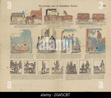 Le voyage à la foire d'Haarlemmer. Feuille avec 14 représentations de nature différente, telles que des représentations d'un train, d'un omnibus et d'artistes de cirque. Sous chaque performance une légende. Numéro en haut à droite : N° 100. Banque D'Images