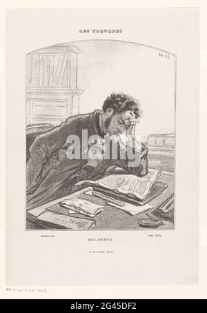 Homme derrière un bureau, lisant dans un journal; avant la lettre; les Toquades. Il appuie sa tête avec sa main. Banque D'Images
