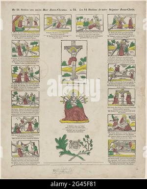 Les 14 states de notre Seigneur Jésus Christ / leçon 14 stations de notre Seigneur Jésus-Christ. Feuille avec 17 représentations de la vie et de la passion du Christ et de la souffrance de Marie. Sous chaque représentation une légende en néerlandais et en français, ou en latin. Numéroté au milieu ci-dessus : n. 75. Banque D'Images