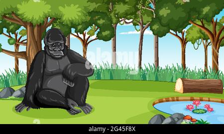 Gorilla dans la forêt ou la forêt tropicale scène avec de nombreux arbres illustration Illustration de Vecteur