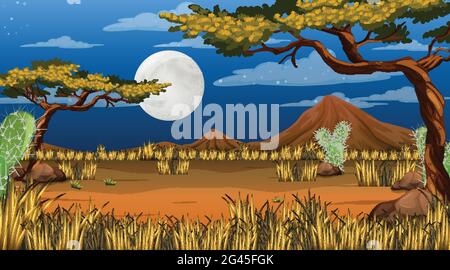Forêt désertique ou paysage de forêt africaine à la scène de nuit avec la grande lune dans le ciel illustration Illustration de Vecteur