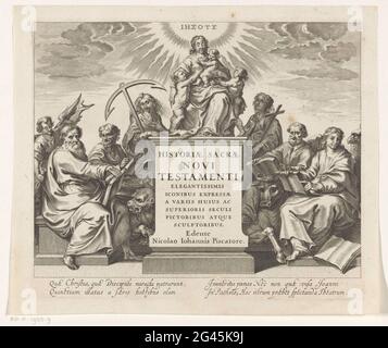 Foi, espérance et amour et les quatre évangélistes; Historiae Sacrae Novi Testamenti Elegantissimis Iconibus Expressae A Variis Huius AC Superioris Seculi Pictigrubus Atque Sculptoribus; Theatrum Biblicum hoc est Historiae Sacrae Expresis et Novi Testamenti Tabulis Aeneis Vetereneis. Autour d'un monument avec titre les personnifications des trois vertus Divines: L'amour central (Caritas) flanqué d'espoir avec ancre et foi avec croix. À gauche et à droite les quatre évangélistes avec leurs attributs. De gauche à droite : Matteus, Marcus, Lucas et Johannes. Au-dessus de la tête de l'amour une couronne de rayon contenant Banque D'Images