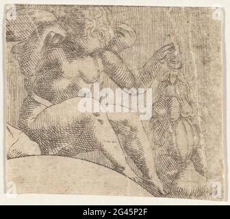 Fragment de Jupiter envoie les trois déesses dans le jugement de Paris; Putto avec bouquet de fruits, droit. . Banque D'Images