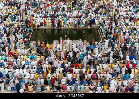 Les hommes musulmans prient autour du réservoir d'ablution en marbre de Masjid-i Jehan-Numa communément connu sous le nom de Jama Masjid de Delhi, l'une des plus grandes mosquées d'Inde. Banque D'Images