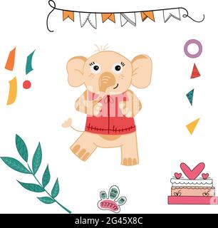 Illustration vectorielle d'un animal entouré de cadeaux et de symboles d'anniversaire sur un fond isolé. Illustration vectorielle Illustration de Vecteur