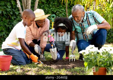 Couple afro-américain senior avec leur petite-fille et leur petit-fils dans le jardin Banque D'Images