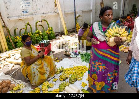 PONDICHÉRY, INDE - juin 2021 : marché des fruits et légumes pendant le confinement causé par la couronne. Banque D'Images