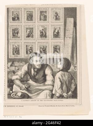 Carpenter et son fils; LEÇONS DU Père sur les papiers muraux illustrés. Un menuisier dans son lieu de travail s'adresse à son fils sur la base de tirages qui pendent derrière lui. Ces « papiers muraux illustrés » étaient vendus par ensemble et avaient souvent un message moralisant. Banque D'Images