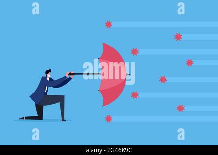Un homme d'affaires portant un masque utilise un parapluie pour protéger l'attaque du virus Illustration de Vecteur