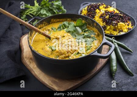 Masala traditionnel de poulet indien au riz au safran et berberis servi en gros plan dans une casserole Banque D'Images