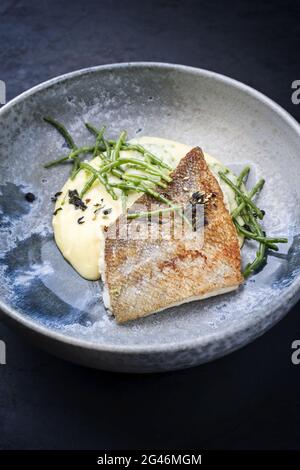 Filet de morue poêlé traditionnel de style moderne avec purée de pommes de terre et verglasswort servi en gros plan sur un bol en céramique Banque D'Images