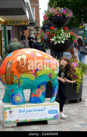 Maidstone, Kent, Royaume-Uni. 19 juin 2021. Un énorme troupeau de 81 Elmers colorés - basé sur le personnage du livre pour enfants de David McKee - a passé la nuit à Maidstone, dans le Kent, au début d'un défilé de 9 semaines en soutien au coeur de Kent Hospice. Les Elmers ont été conçus par des artistes connus et inconnus et seront mis aux enchères le 9 août pour recueillir des fonds pour l'Hospice. 'Magical Mystery Tour' Credit: Phil Robinson/Alamy Live News Banque D'Images