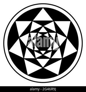 Quatre heptagrammes inversés, et leurs modèles de triangle résultants, dans le cadre de cercle. Points de passage de sept étoiles pointues placées l'une à l'intérieur de l'autre. Banque D'Images